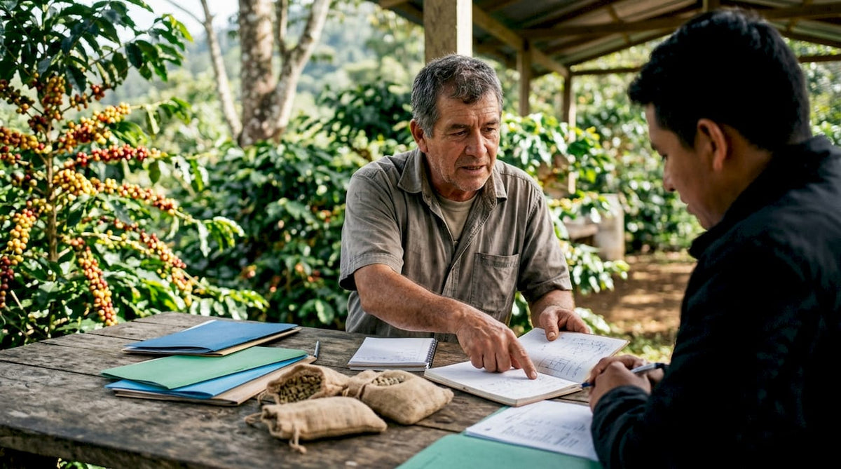 Coffee farmer negotiating fair pricing with buyer
