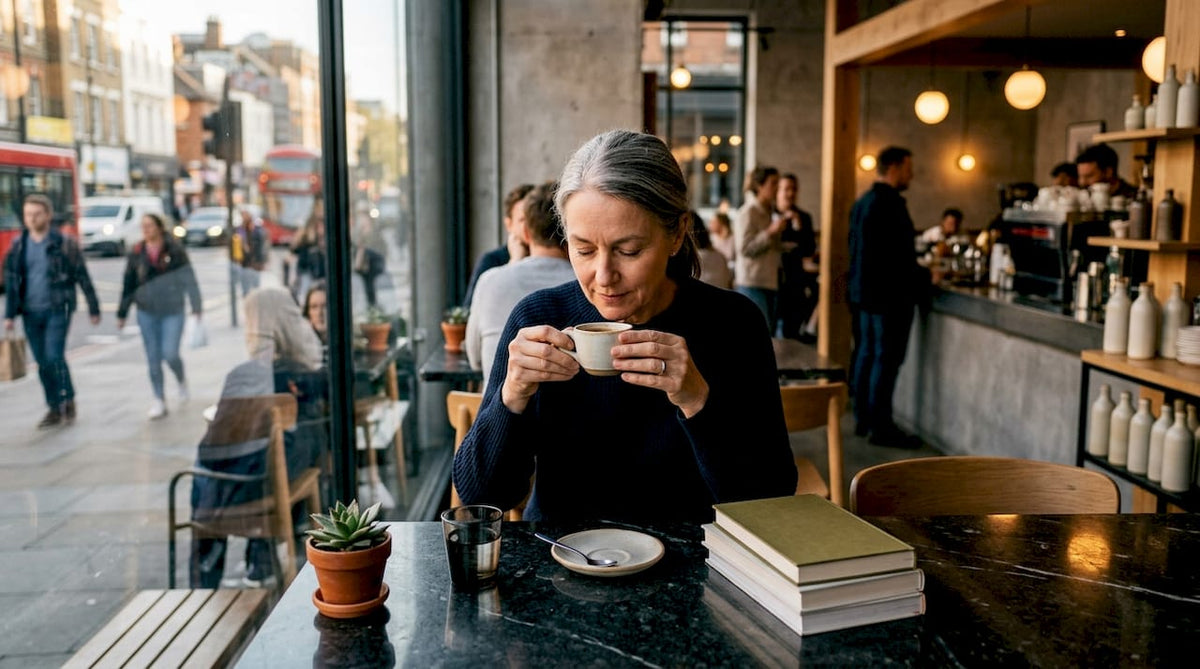 Woman savoring premium coffee aroma indoors