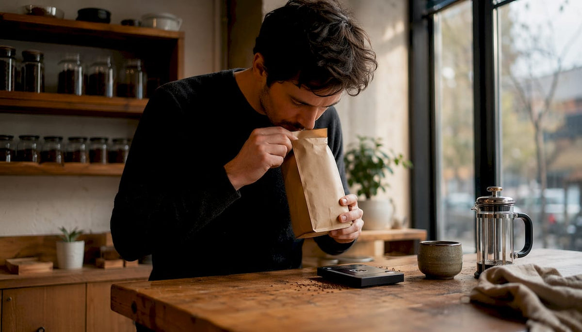Man smelling fresh direct-to-consumer coffee bag