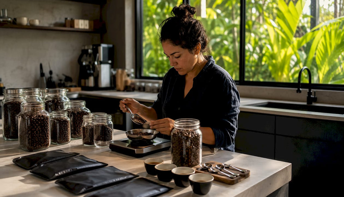 Master blender mixing coffee beans at roastery
