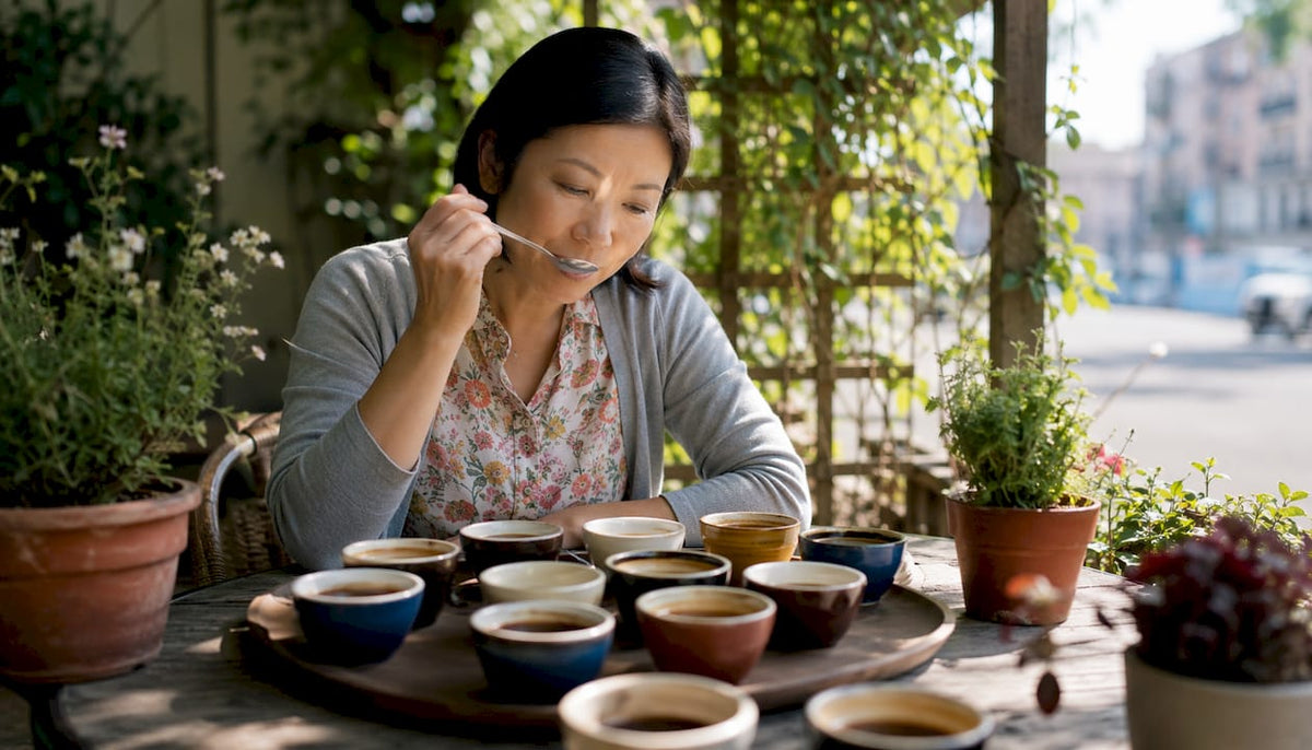 Woman tasting international coffee samples in café