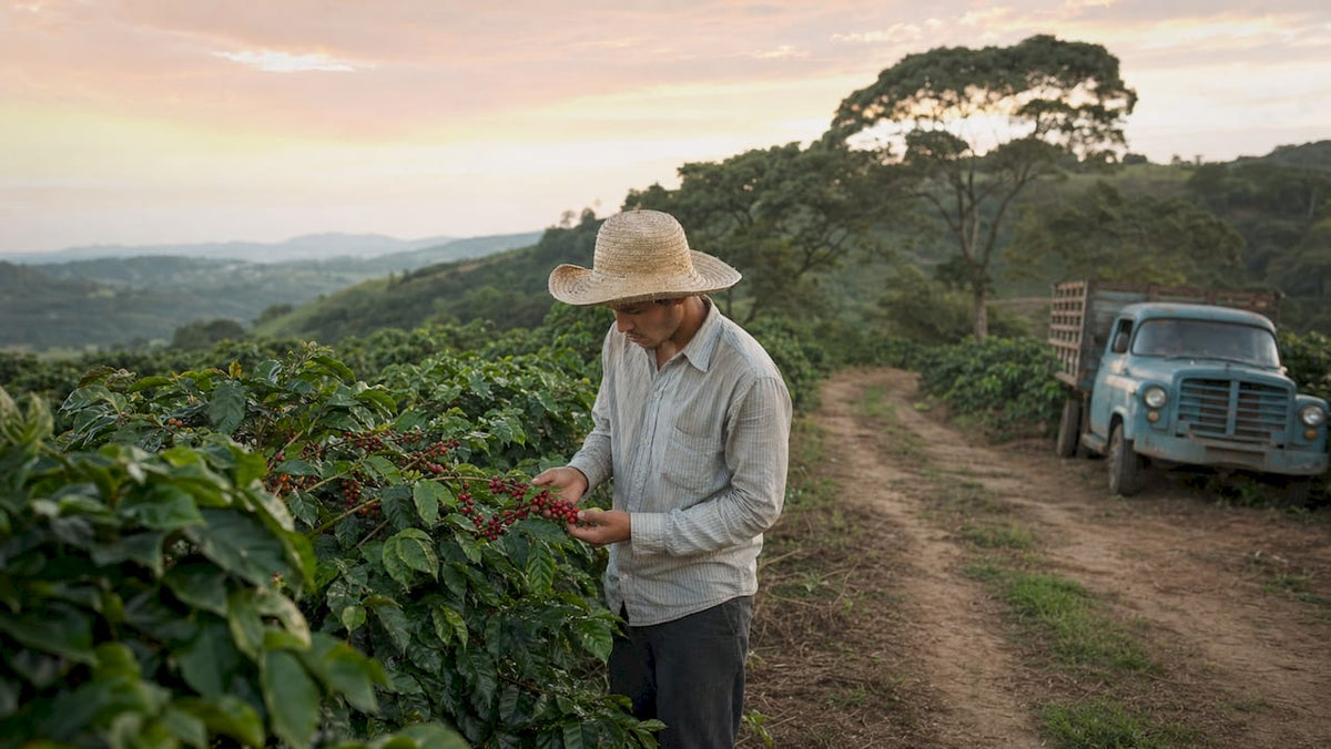 Aerial view of coffee estate plantation with worker