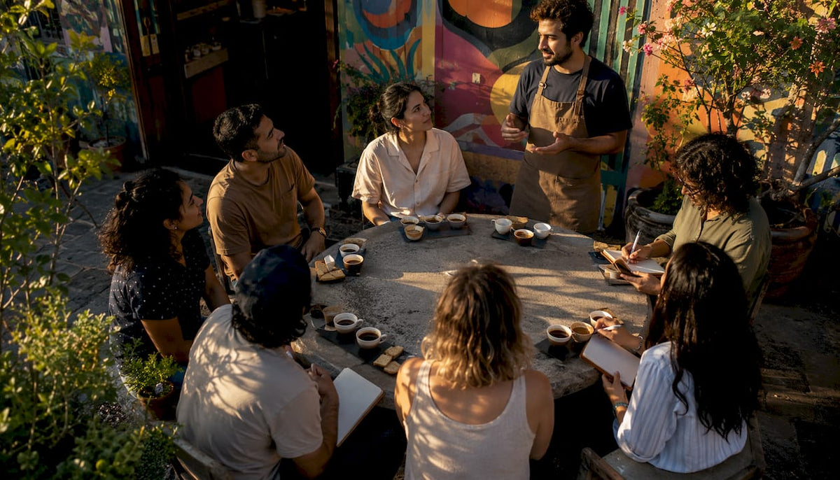 Participants sampling coffee at tasting event
