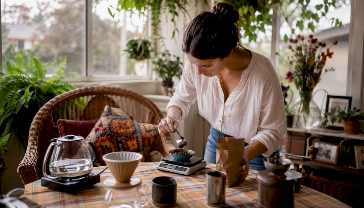 Woman preparing pour-over artisan coffee at home