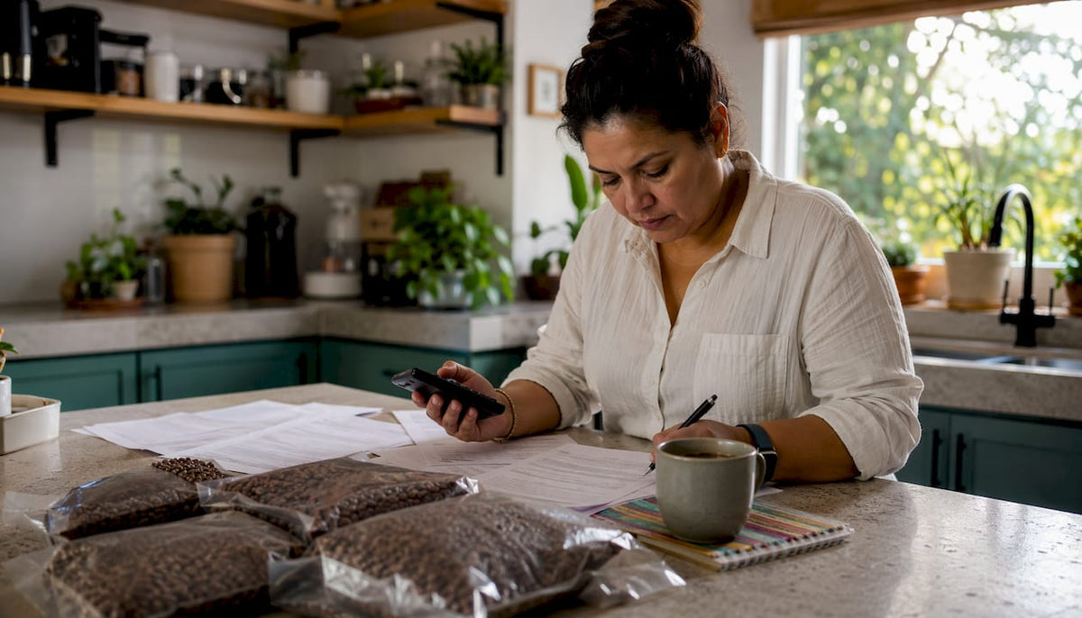 Woman reviewing coffee trade documents at table