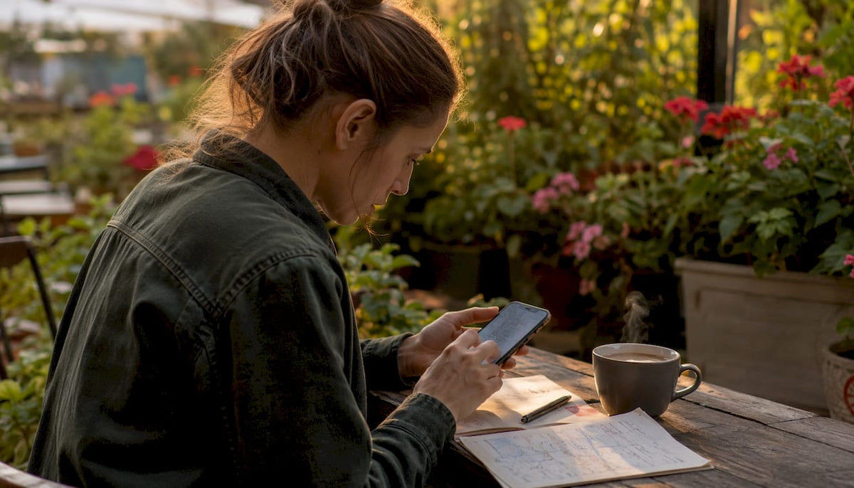 Woman using smartphone map app in café