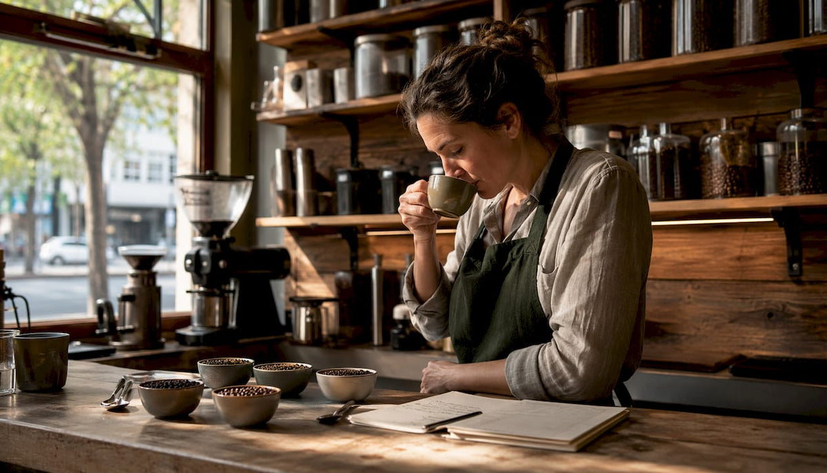 Female roaster smelling coffee aroma