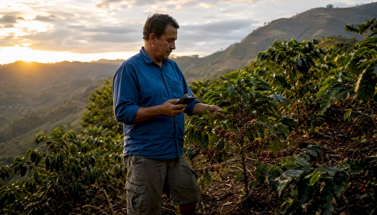 Coffee grower measuring microclimate on farm