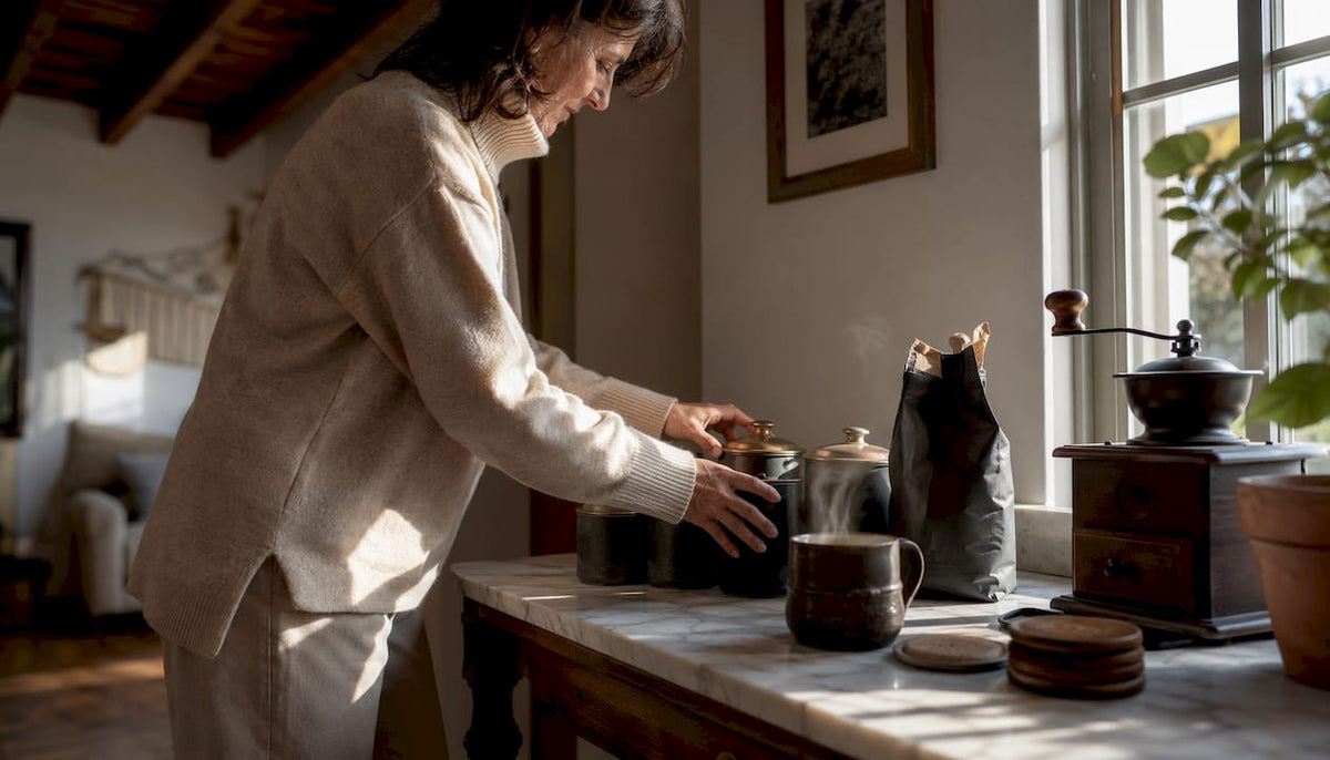 Woman organizing coffee storage containers in kitchen