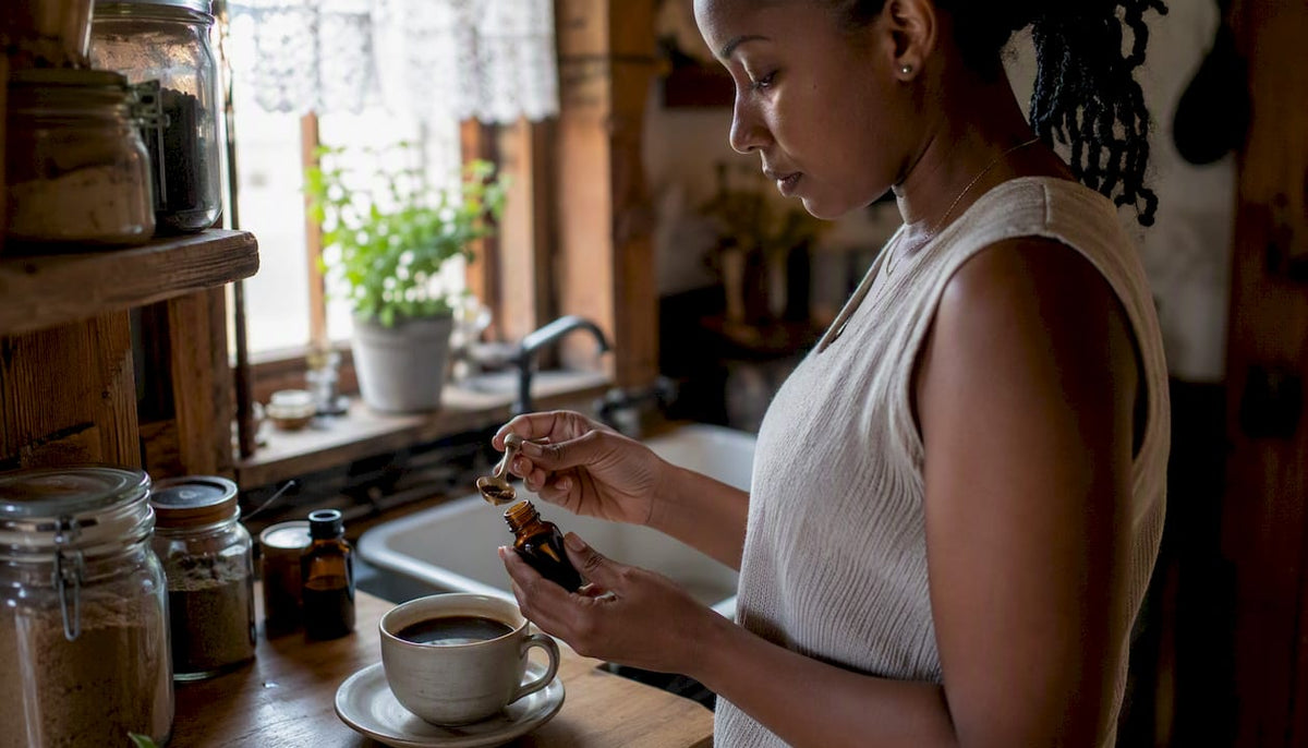 Woman preparing healthy coffee additives in kitchen