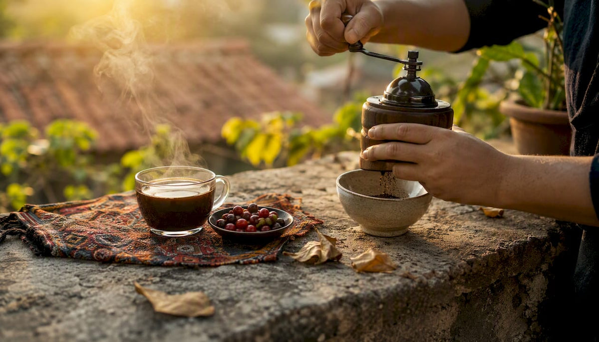 Hand grinding fresh coffee beans for aroma evaluation